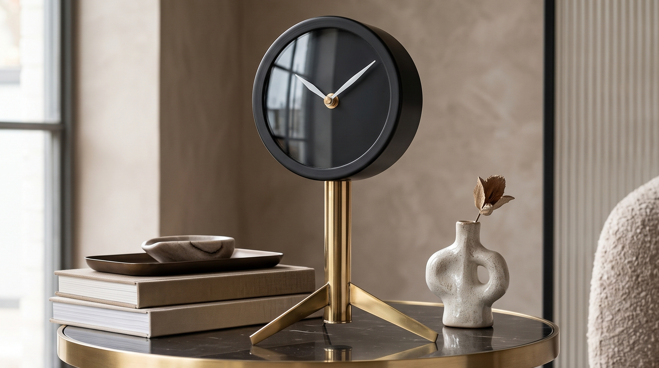 TRIPODE RELOJ DE METAL ACABADO NEGRO Y DORADO
