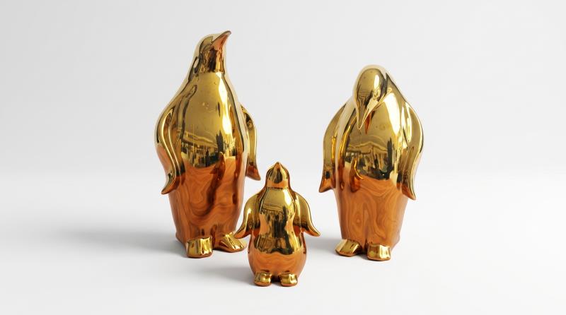 PINGUINOS JGO DE 3 PINGUINOS DORADOS CERAMICA